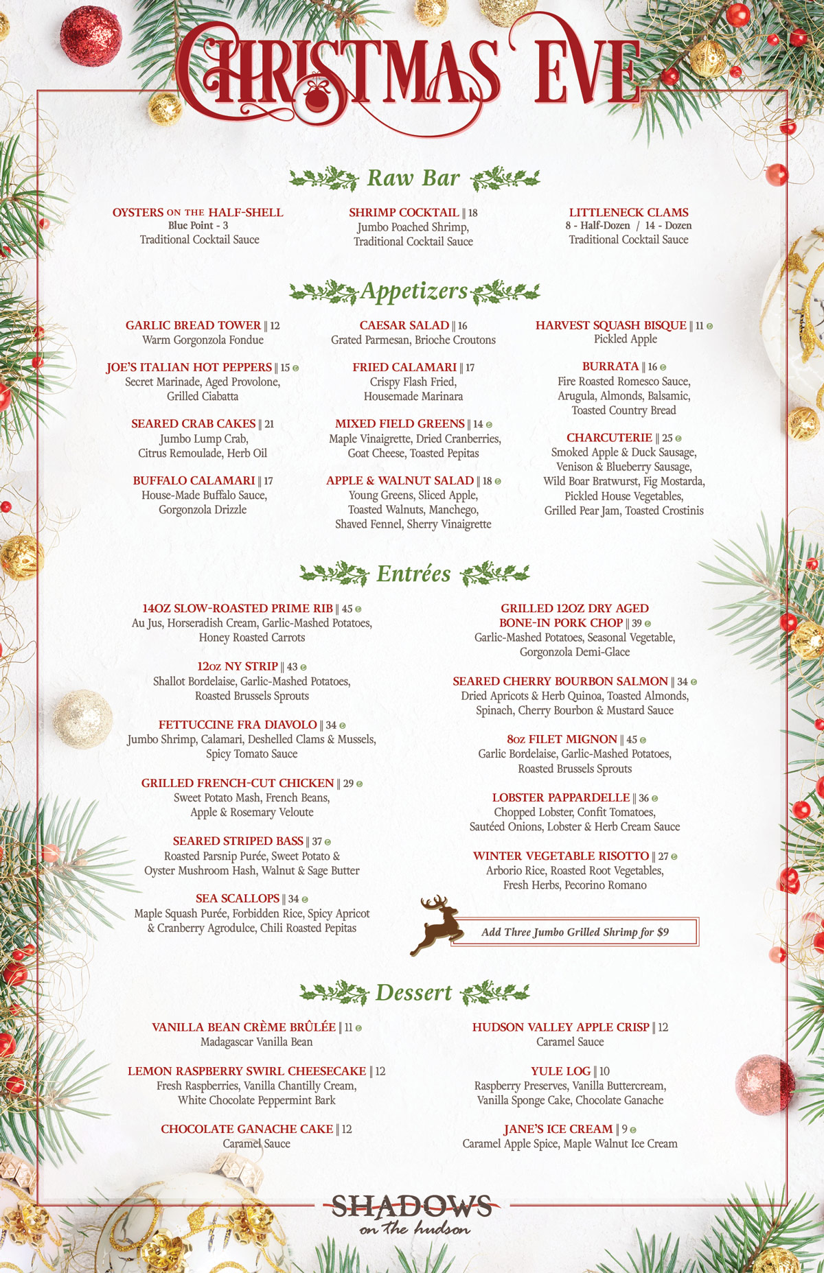 Christmas Eve at Shadows on the Hudson Menu